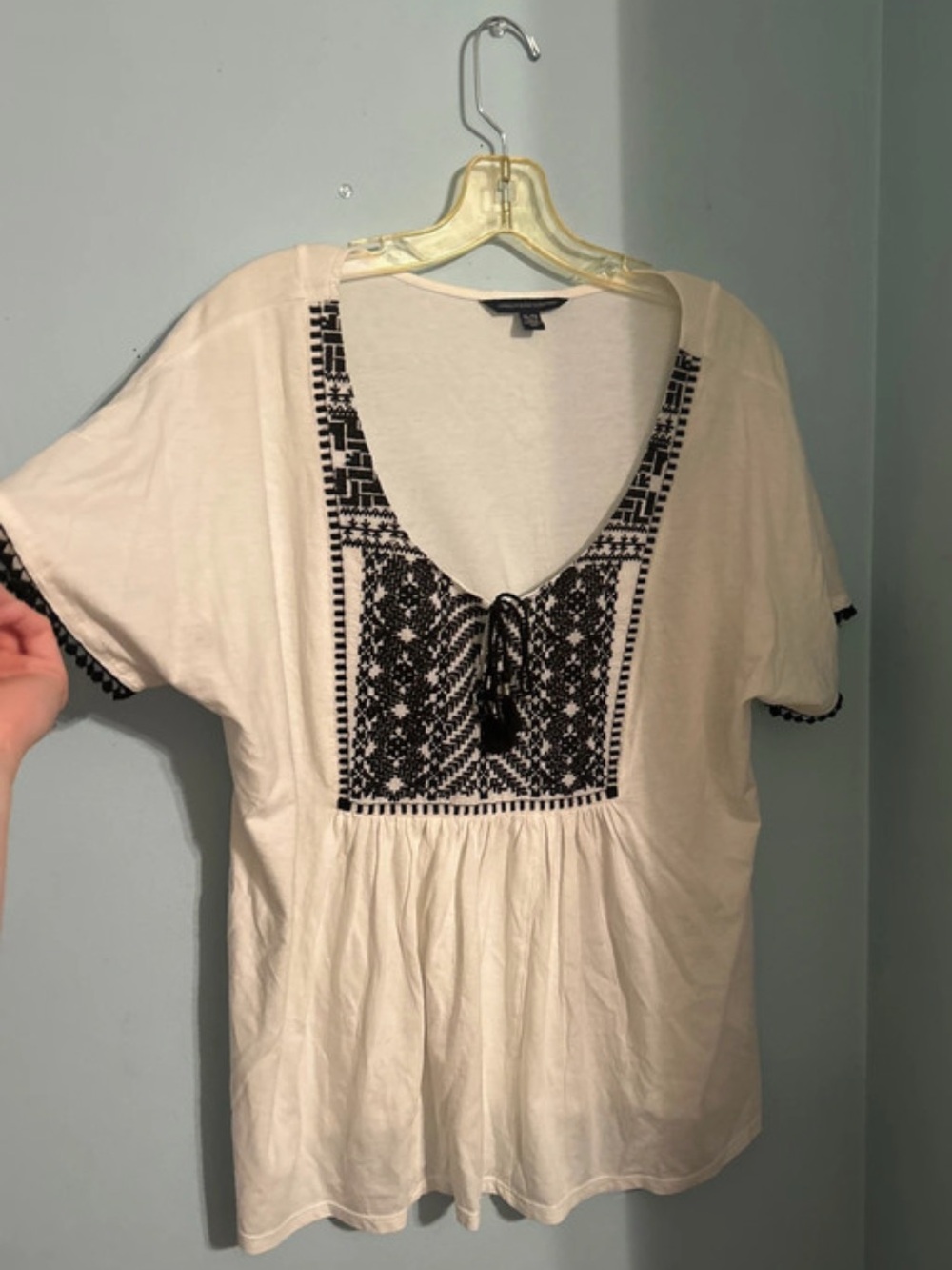 American Eagle Outfitters Cream Tunic with Black Embroidered Yoke